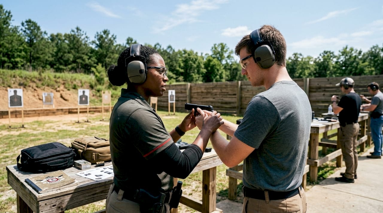 Instructor and beginner wearing eye and ear protection at shooting range