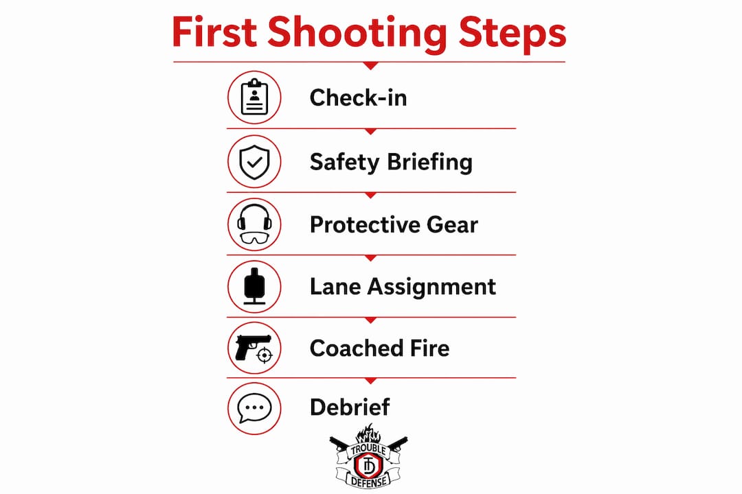 Infographic showing step-by-step shooting range process