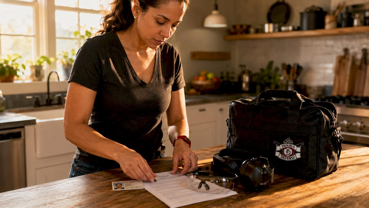 Woman organizing essential shooting range items on table