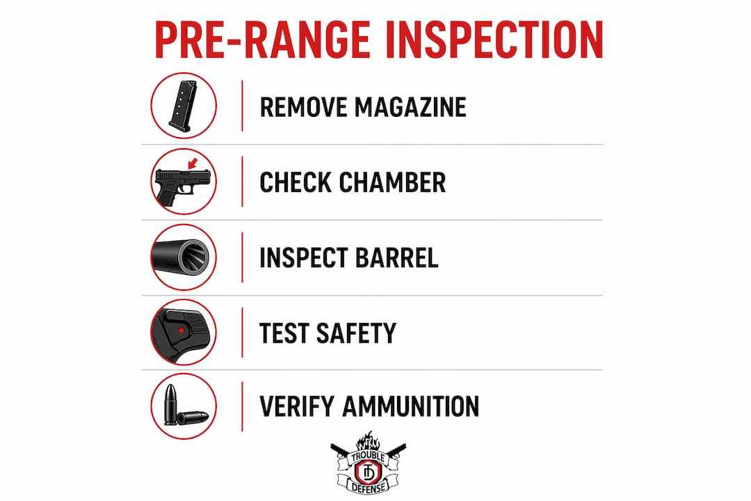 Infographic illustrating step-by-step firearm pre-range inspection