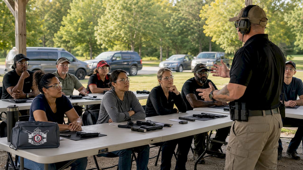 Diverse students with instructor at firearm safety class