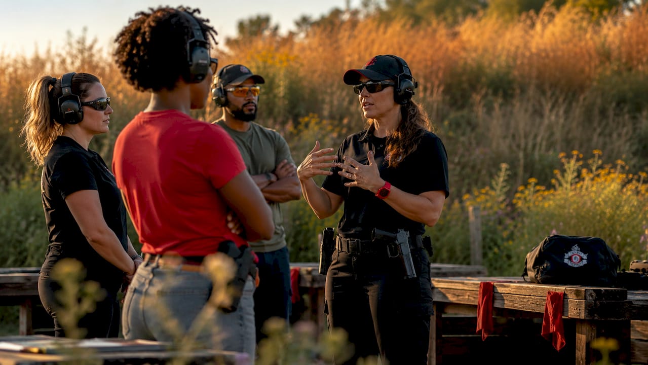 Female instructor teaching safe firearm handling outdoors
