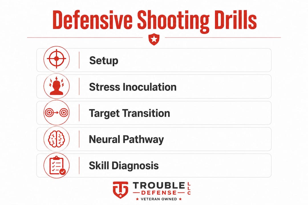 Infographic showing steps of defensive shooting drills