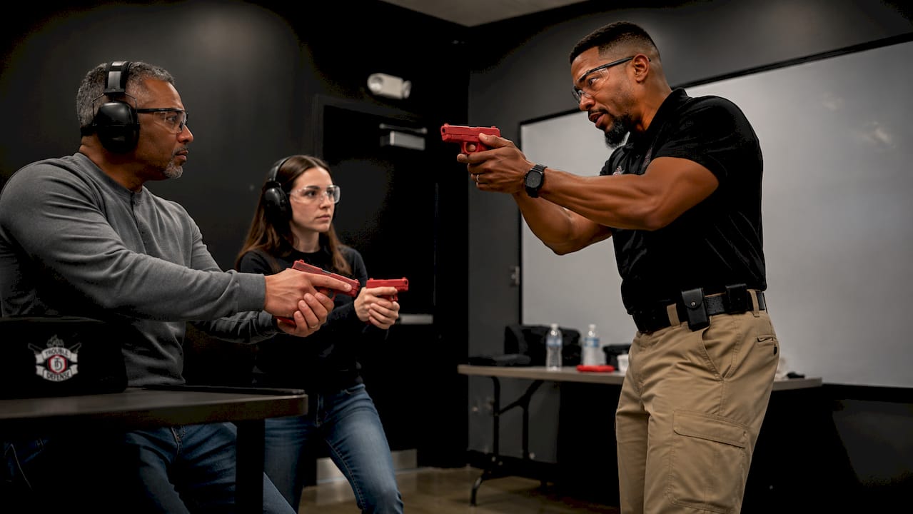 Instructor leading safe firearm training at indoor range