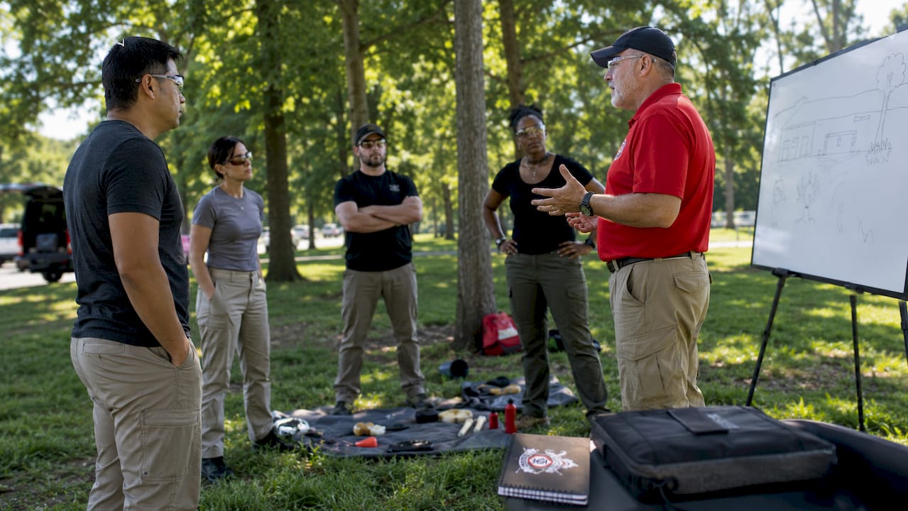 Instructor leading situational awareness class indoors with diverse adults