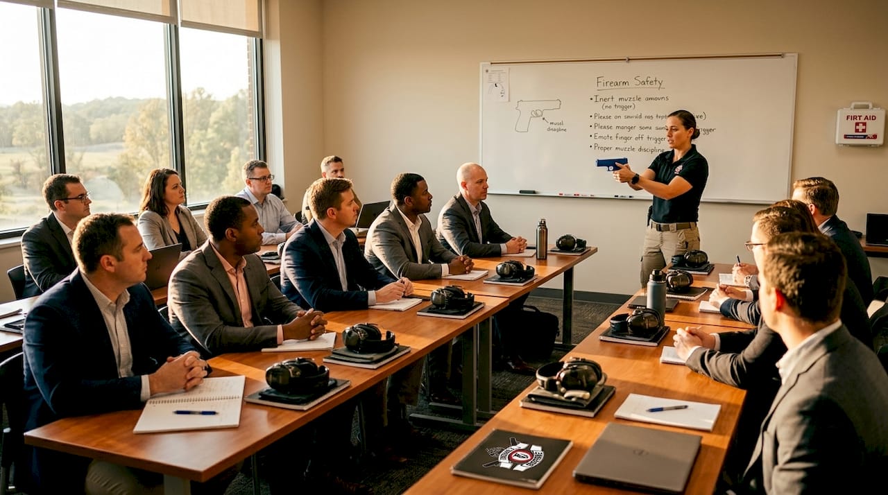 Diverse group learning firearm safety in classroom