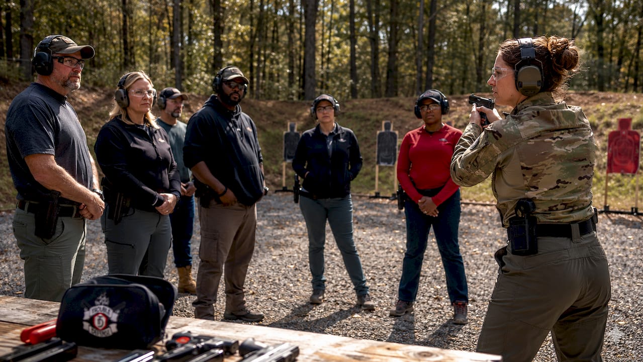 Instructor teaching group firearm safety on range