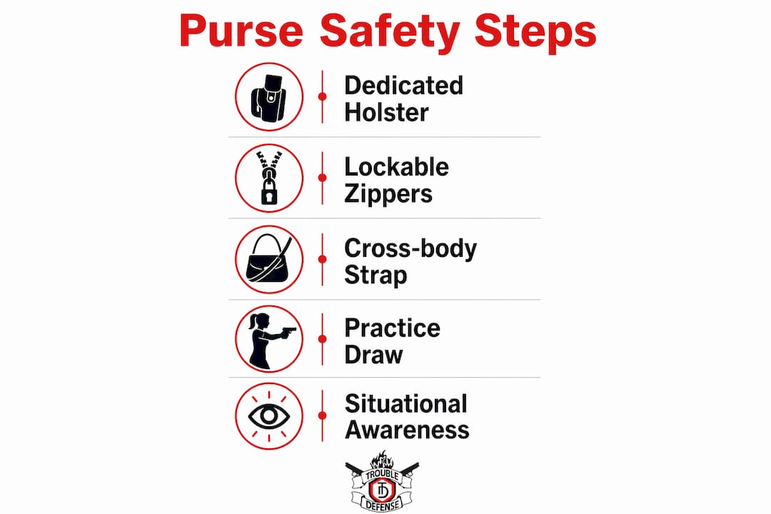 Infographic showing key concealed carry purse safety features
