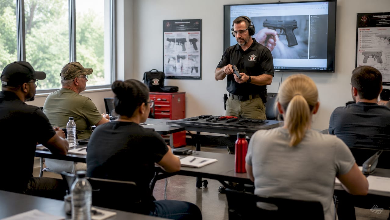 Firearms instructor teaching certification class with students