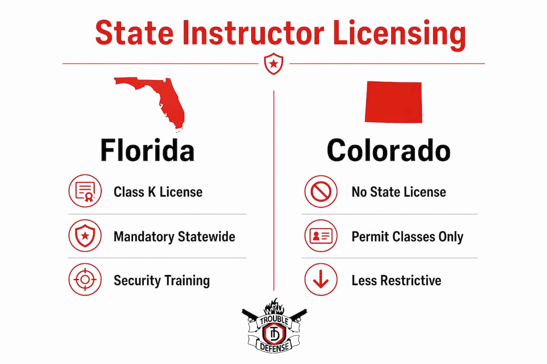 Infographic comparing Florida and Colorado firearms instructor licenses