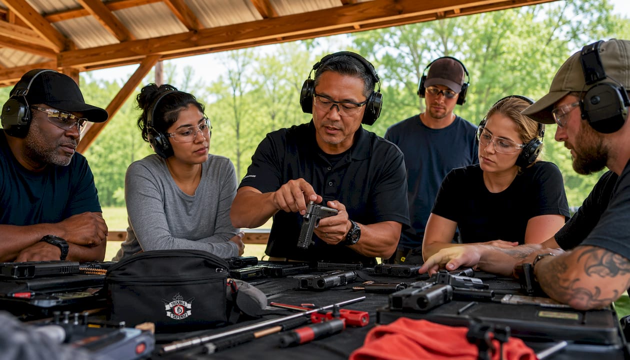 Instructor demonstrating gun cleaning techniques safely