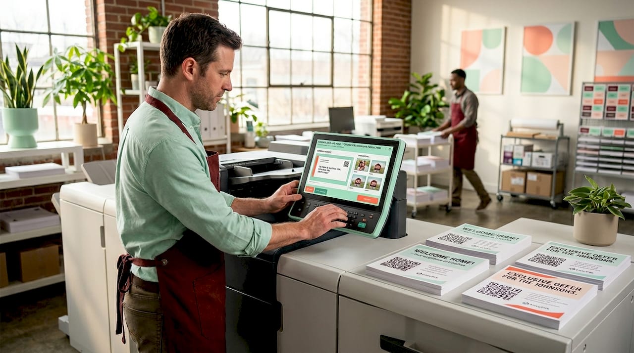 Printing press operator adjusting variable data printing
