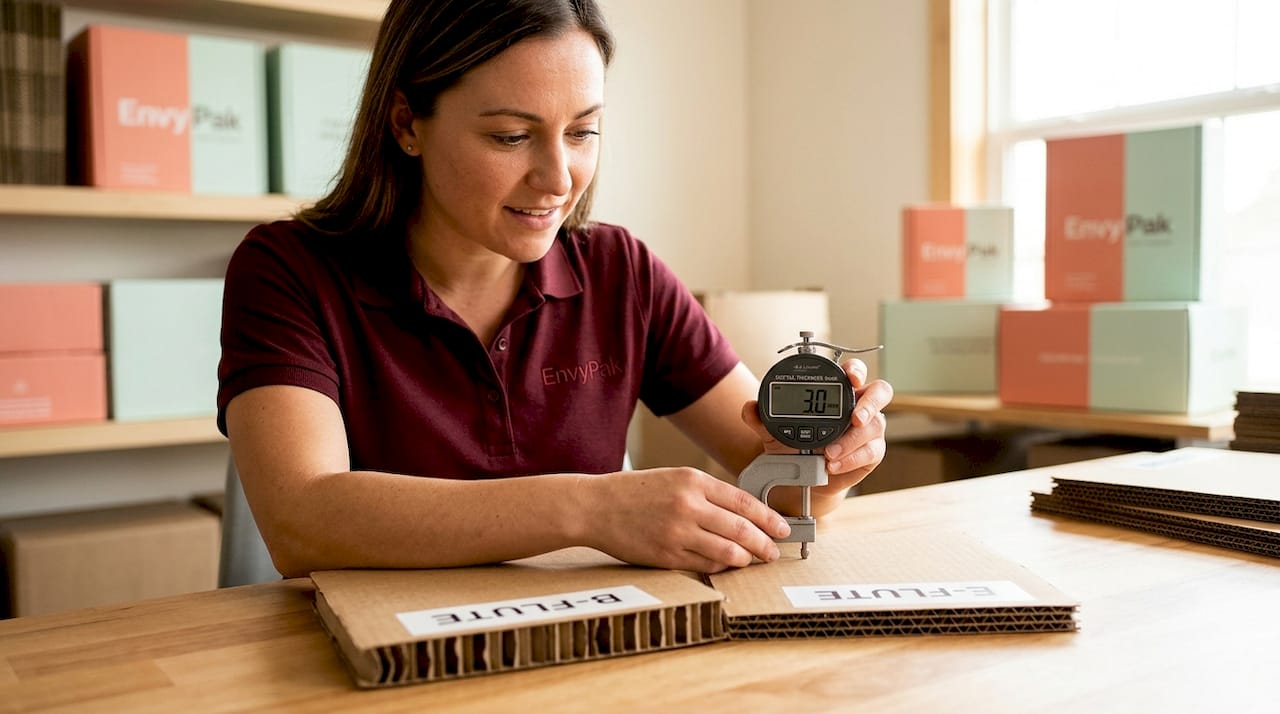 Close-up of measuring corrugated cardboard thickness