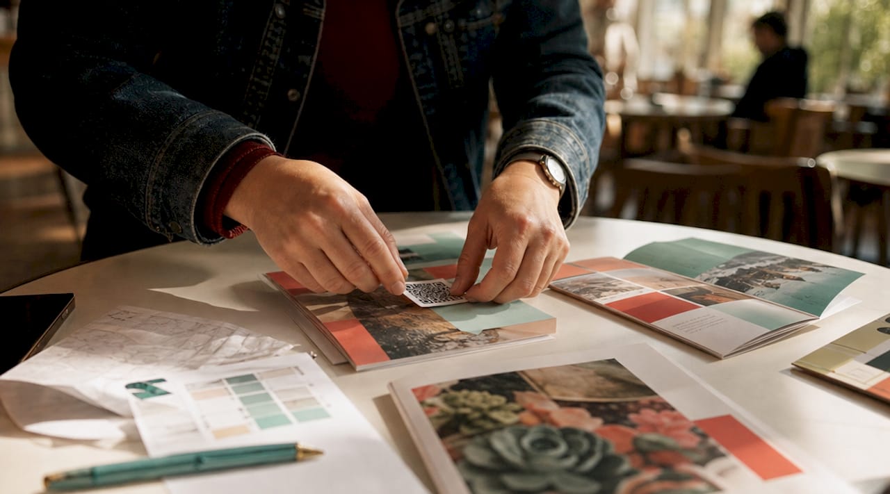 Hands arranging various mailer formats on table
