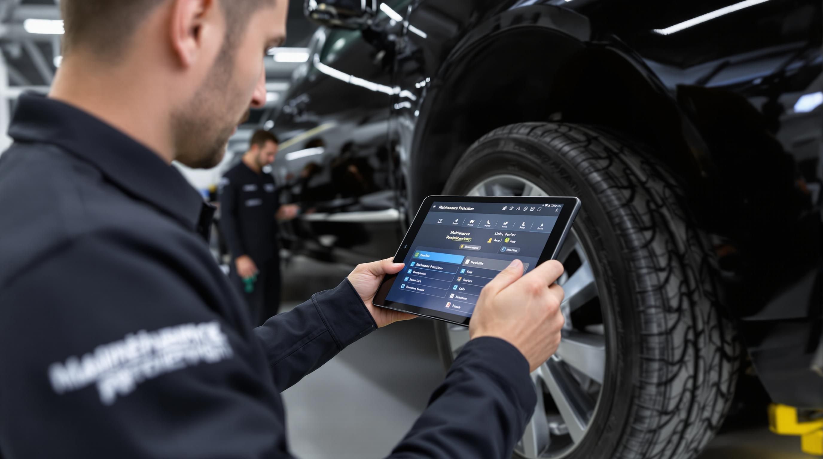 Mechanic uses digital tablet for predictive luxury vehicle maintenance