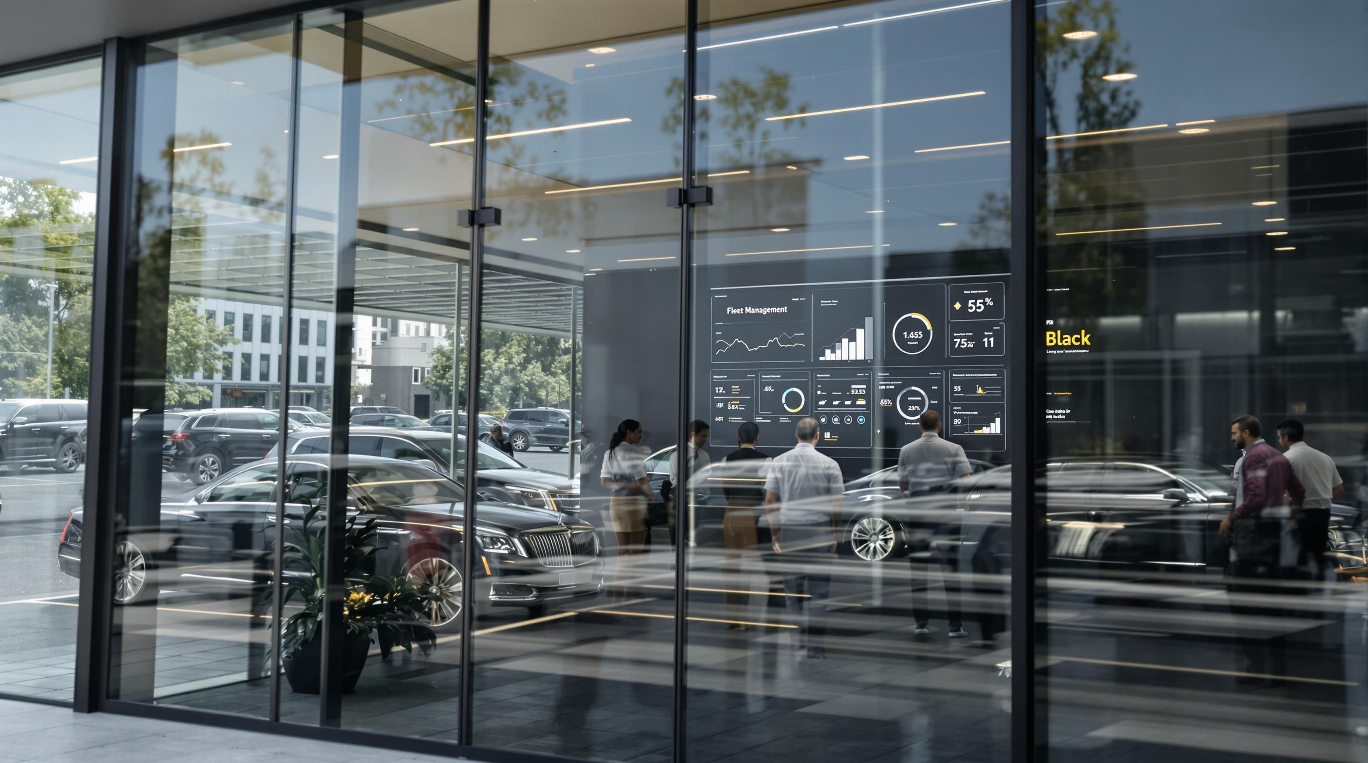Fleet managers monitor luxury limousines and dashboards for effective fleet management
