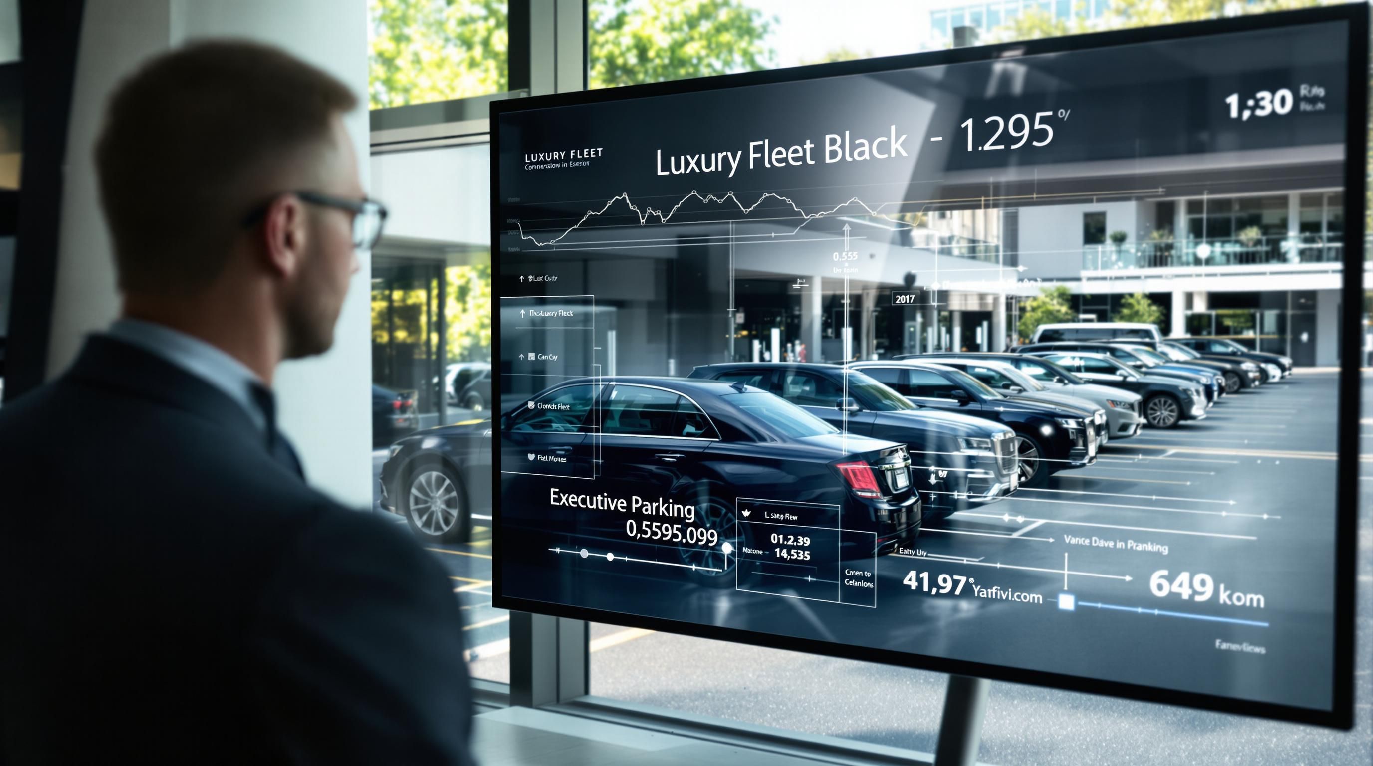 Luxury fleet manager reviews analytics by window with premium vehicles outside