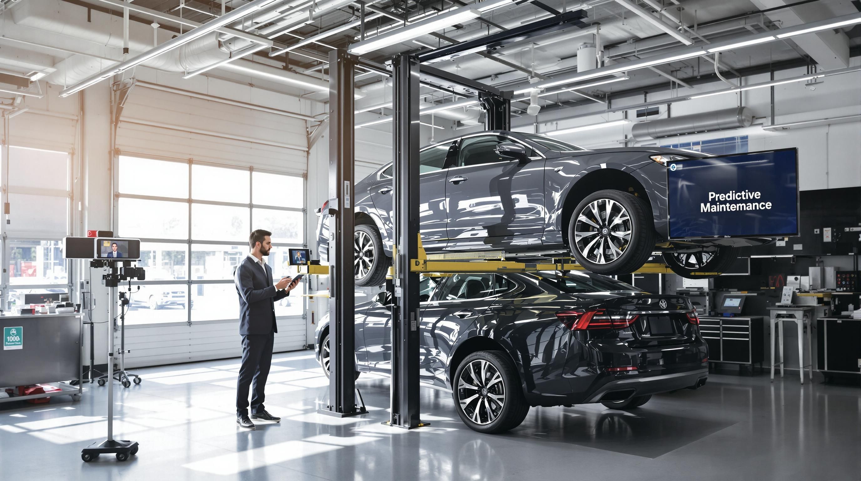 Technician performs predictive maintenance on luxury vehicle in modern garage