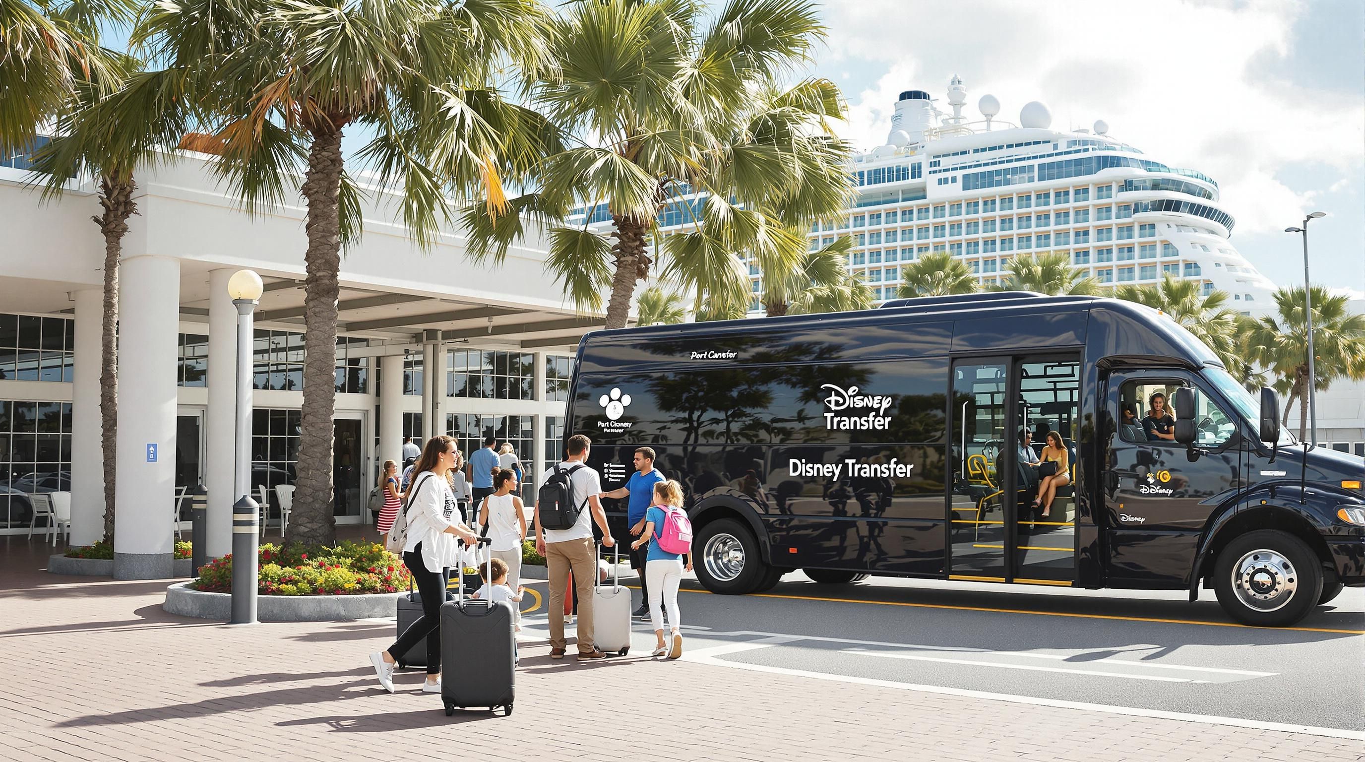 Family approaching Disney shuttle at Port Canaveral cruise terminal