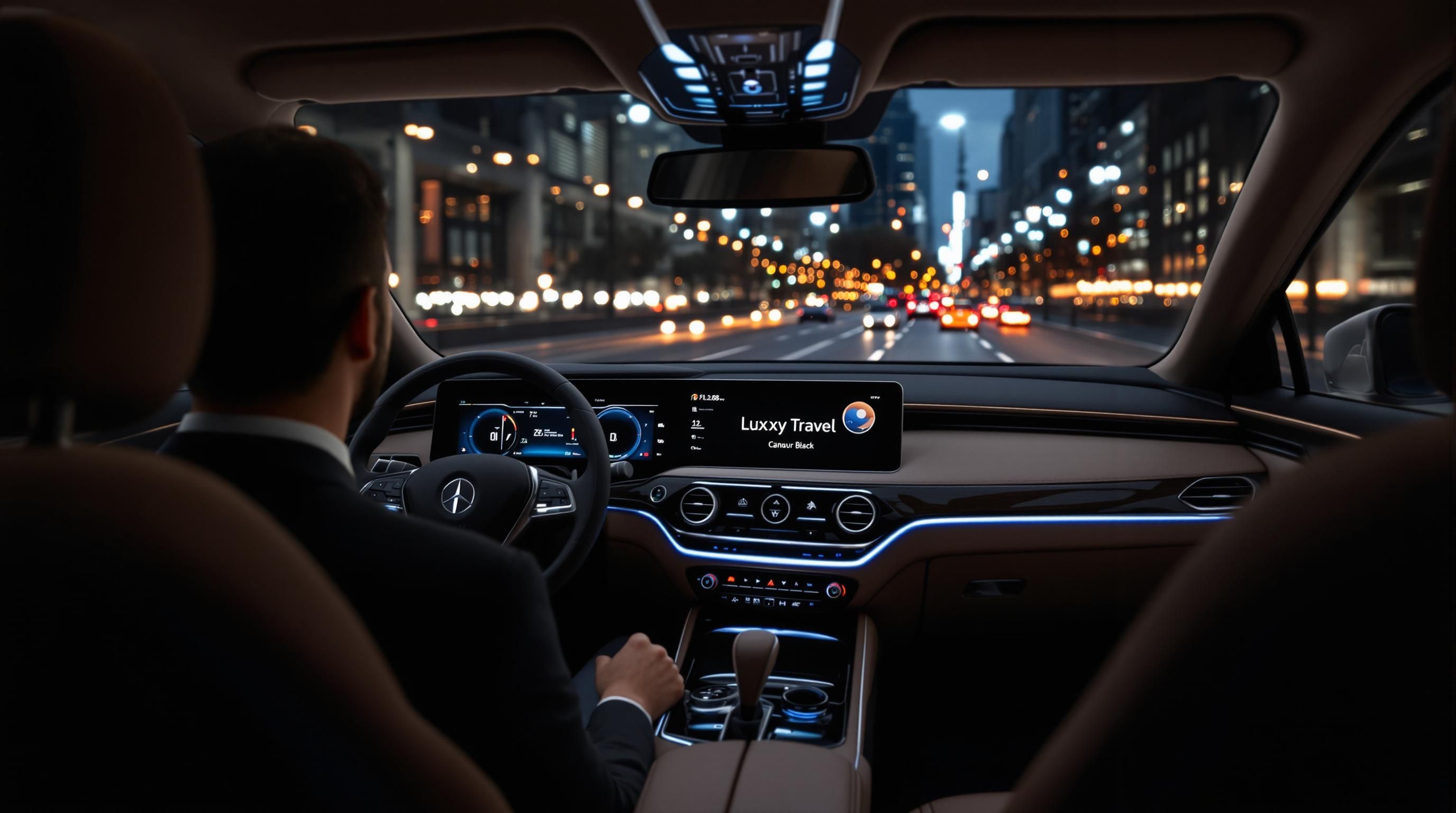 Business traveler in luxury car interior with digital dashboard and city lights