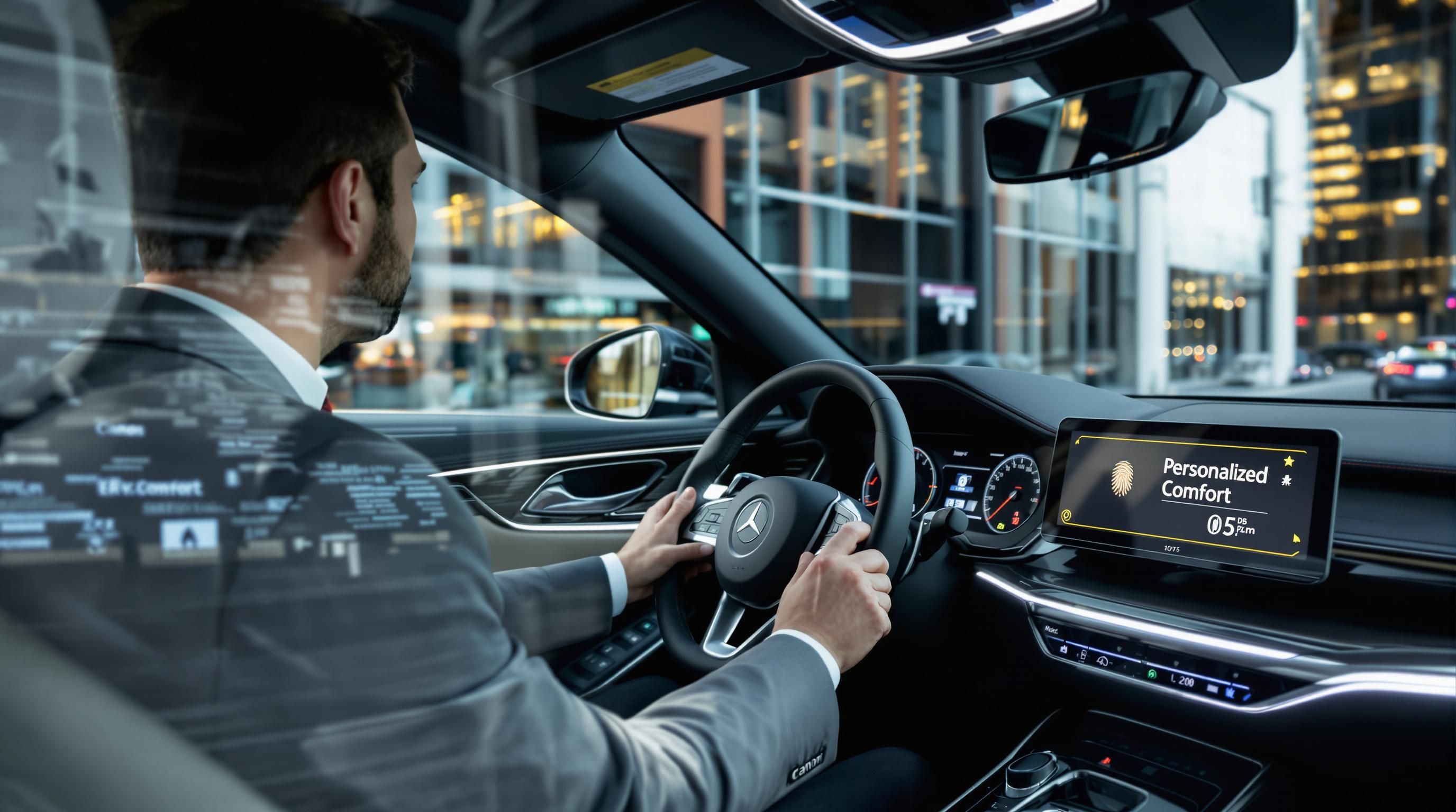 Driver using fingerprint access in luxury car with adjusting seat and ambient lighting