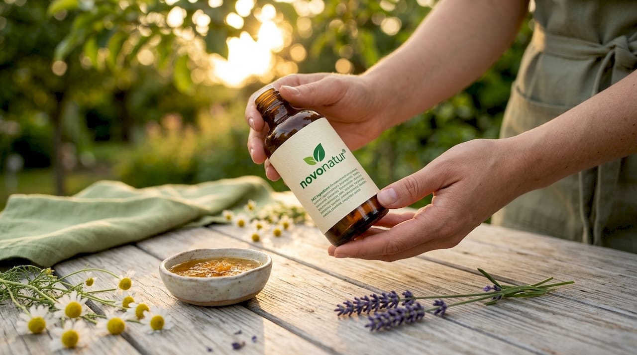 Unas manos muestran una lista de ingredientes naturales, siguiendo la normativa INCI.