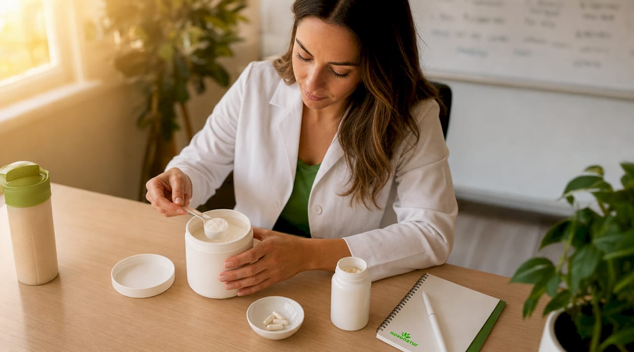 Manos preparando una porción de colágeno en polvo junto a cápsulas de vitamina C