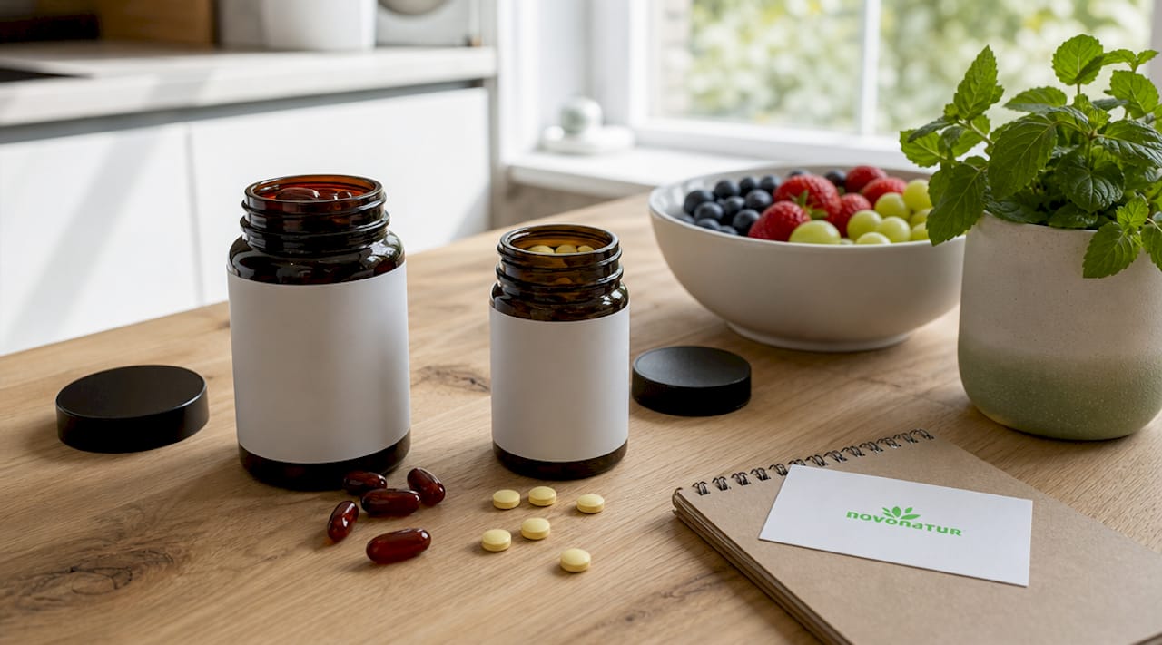 Detalle de suplementos naturales para la energía sobre una mesa de madera