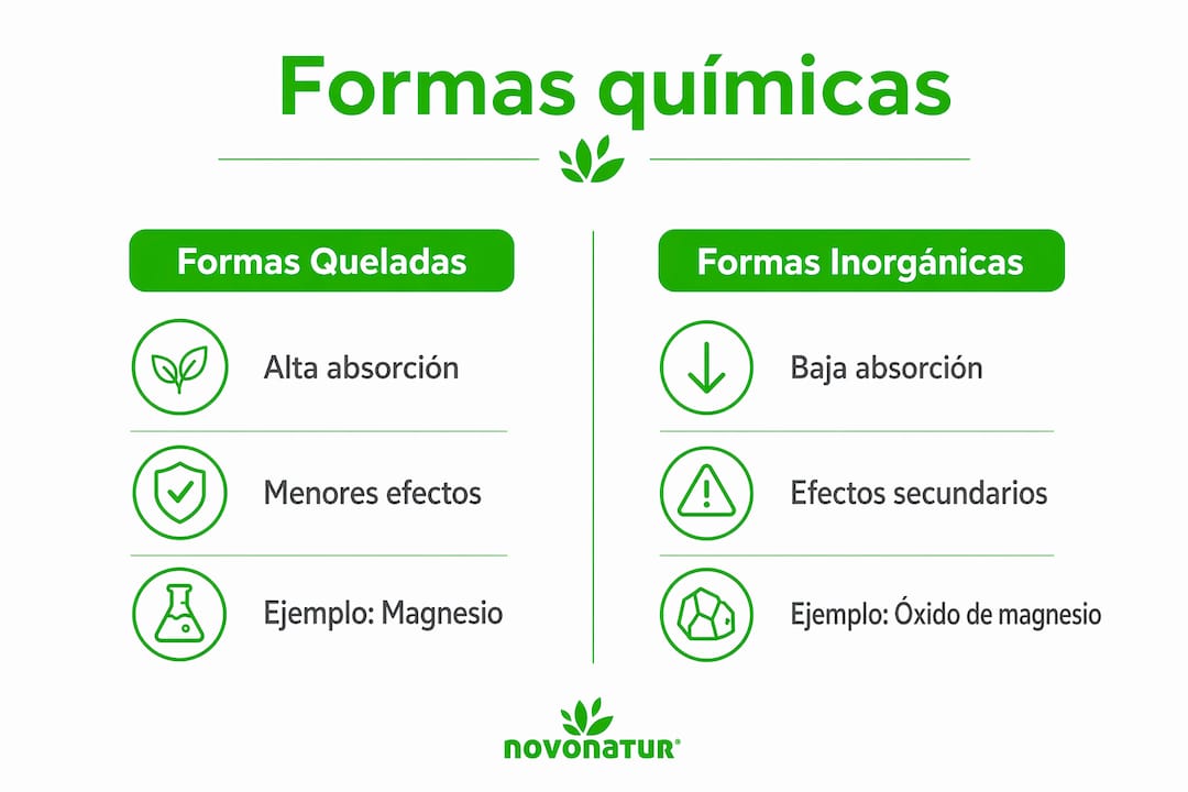 Infografía que compara los suplementos con minerales quelados frente a los de origen inorgánico