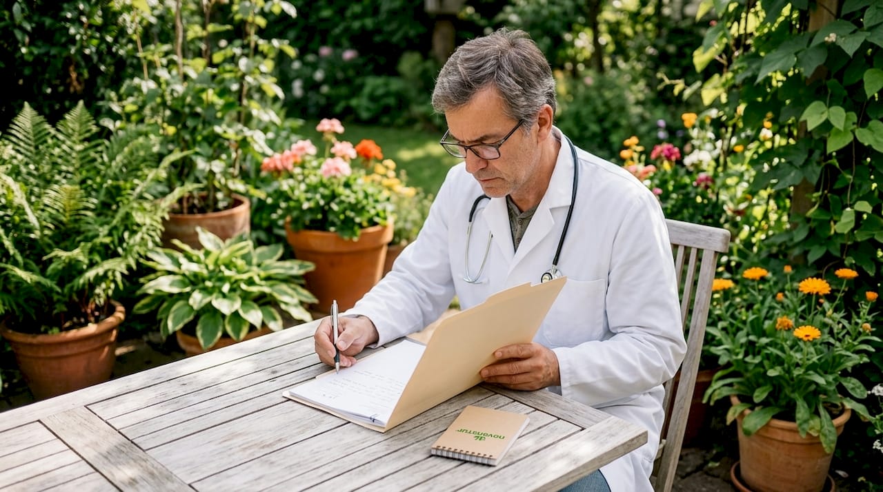 El médico integrativo revisa detenidamente la historia clínica del paciente.