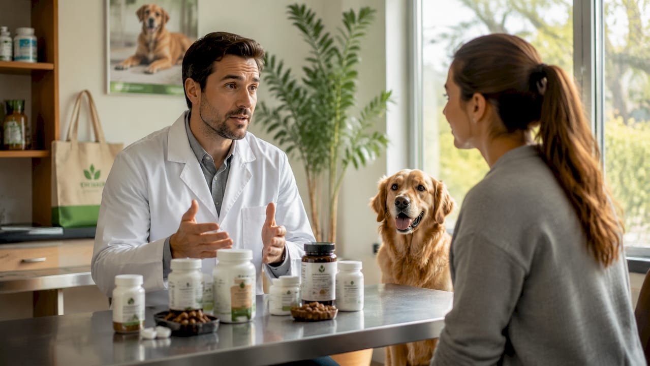 Veterinario asesorando a un dueño sobre el uso de suplementos para su mascota