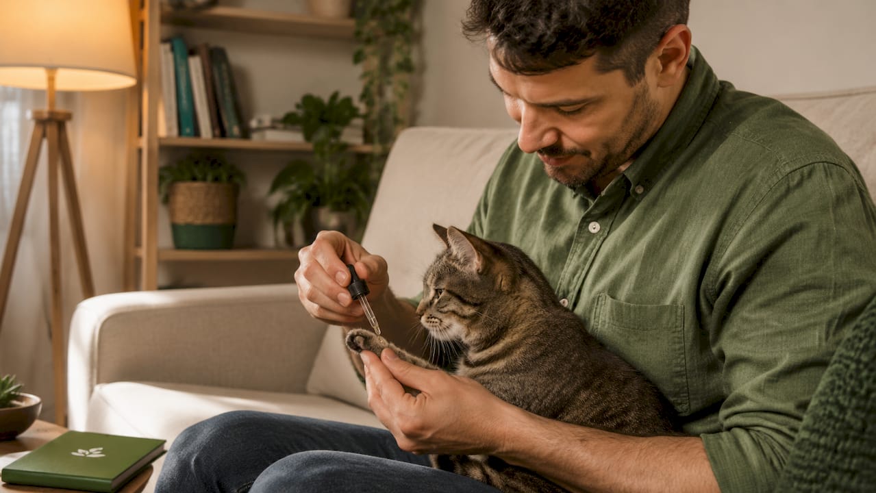 Aplicación de vitamina E en la piel de un gato doméstico