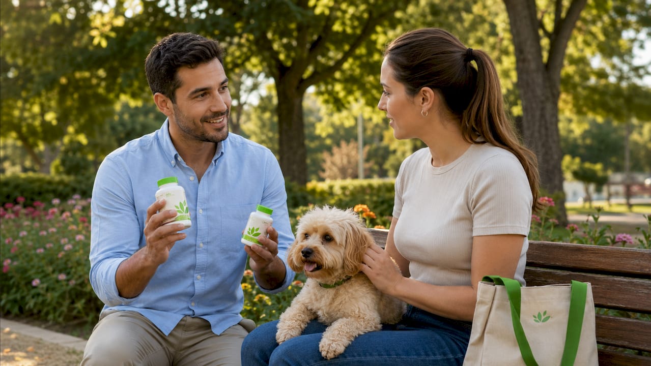 Veterinario asesorando a un dueño de perro sobre suplementos para las articulaciones