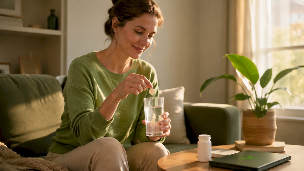Unas manos sostienen un vaso de agua con vitamina C efervescente disolviéndose.