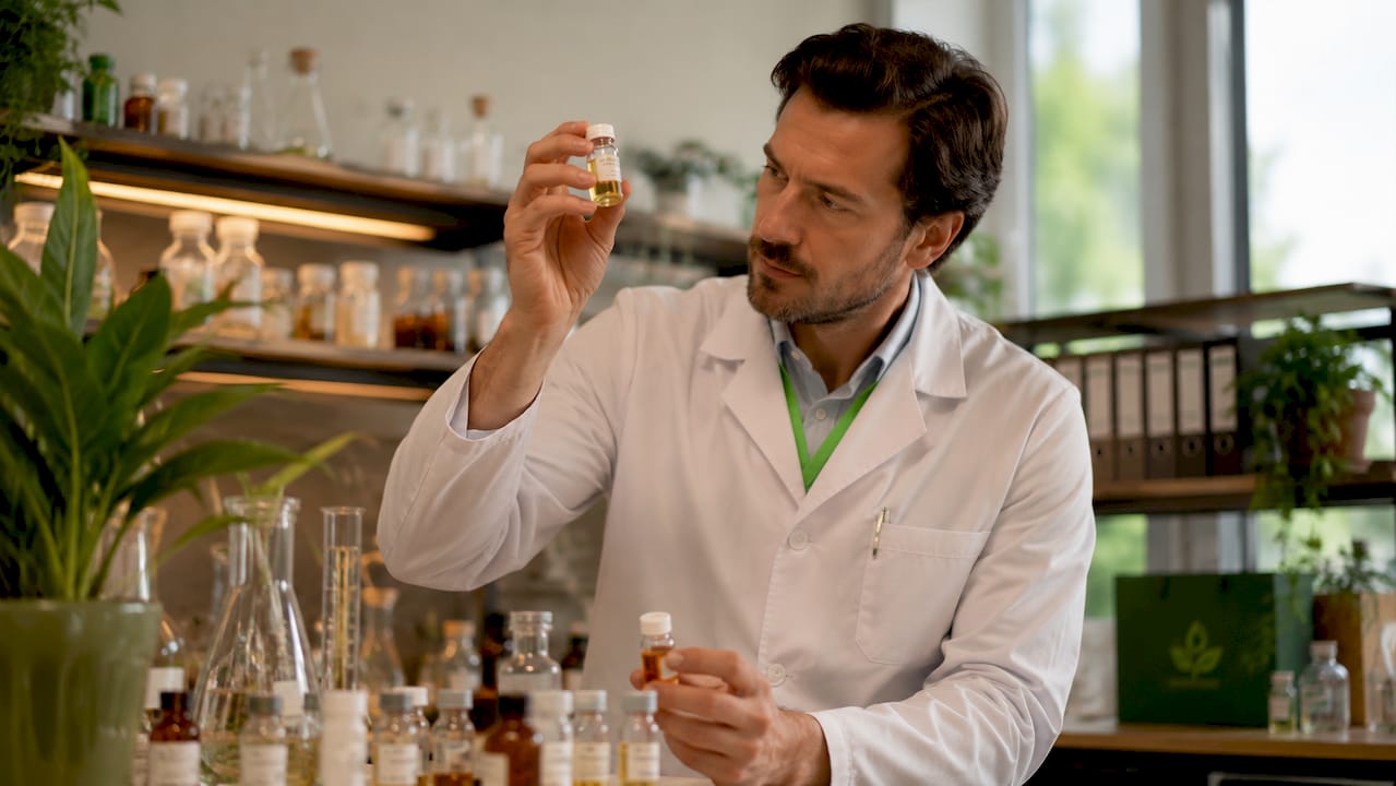 Unas manos manejan cuidadosamente frascos en un laboratorio de análisis.