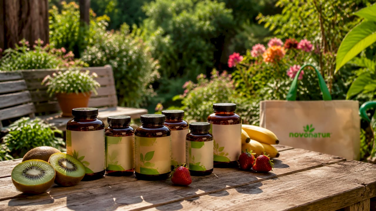 Botes de vitaminas acompañados de frutas frescas