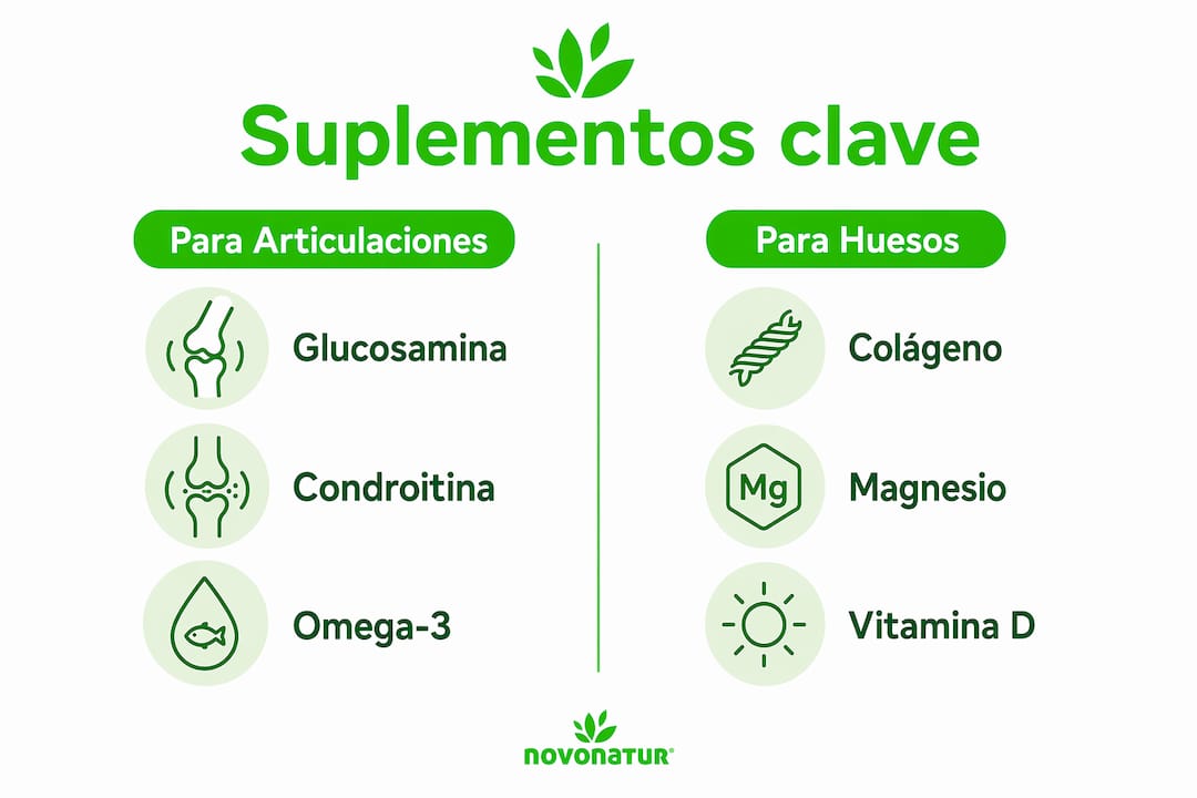 Infografía sobre las diferencias entre suplementos para cuidar las articulaciones y fortalecer los huesos