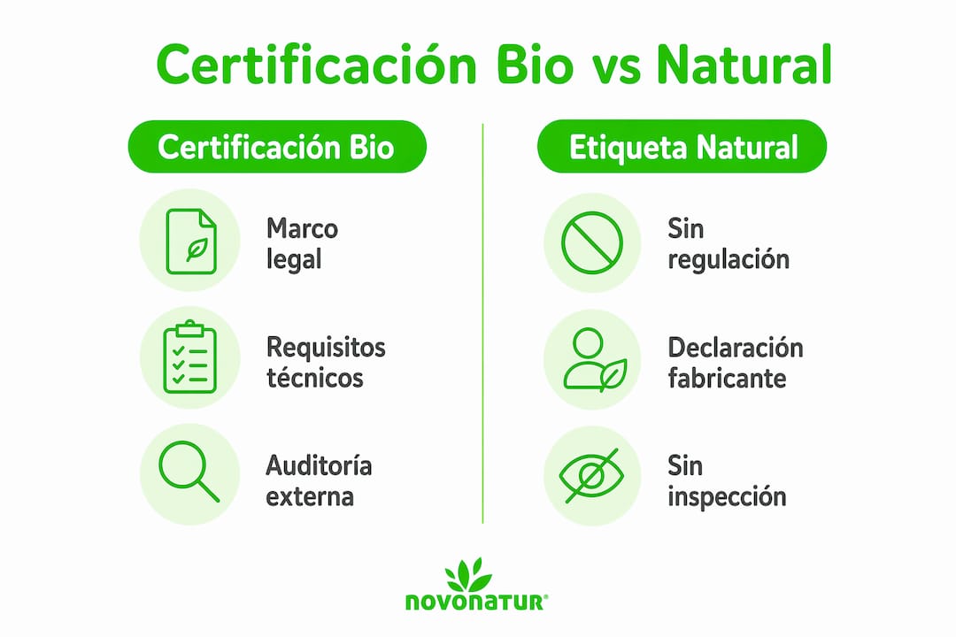 Infografía que compara la certificación ecológica con el sello de producto natural