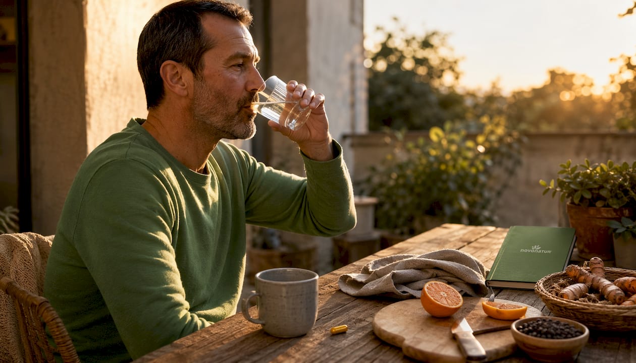 Hombre tomando un suplemento de cúrcuma en la encimera de la cocina.
