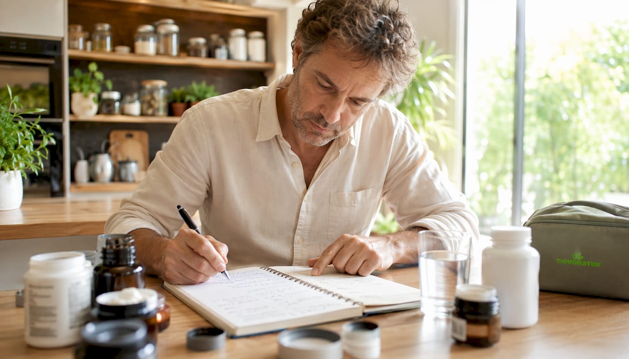 Imagen tomada desde arriba donde se ven unas manos escribiendo notas al lado de varios suplementos.