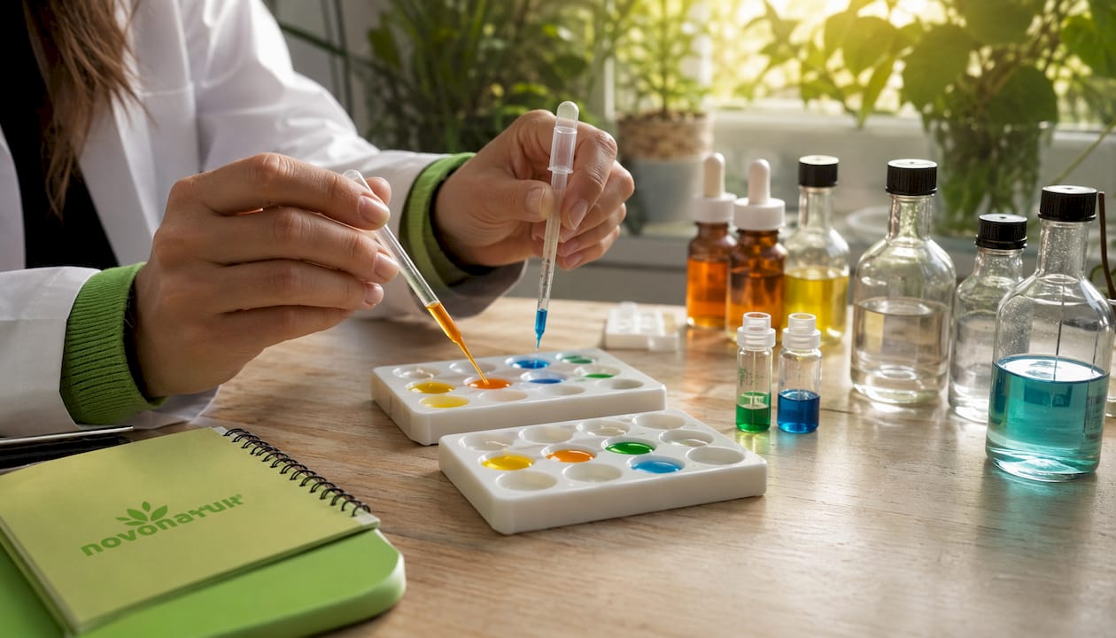 Manos trabajando con colorantes durante experimentos de pH