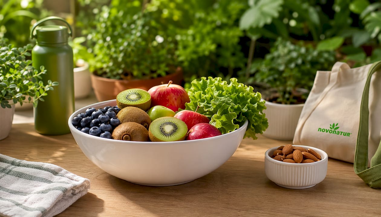 Frutas y verduras frescas ricas en antioxidantes, listas para disfrutar en tu frutero.