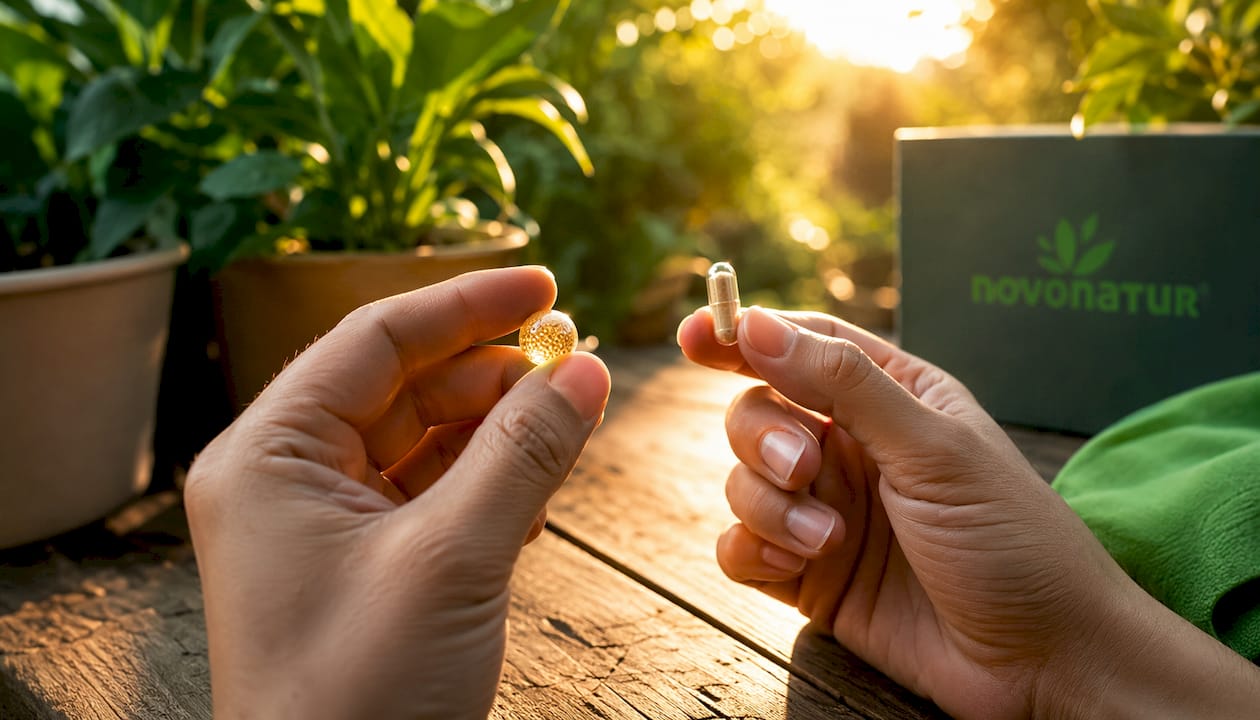 Manos mostrando una cápsula liposomal junto a una cápsula tradicional para comparar sus diferencias