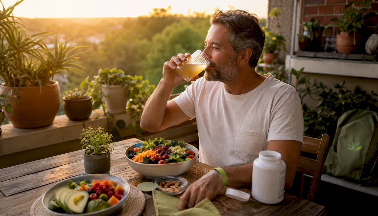 Un hombre disfruta de su suplemento liposomal mientras está en la cocina, aprovechando la cálida luz del atardecer.
