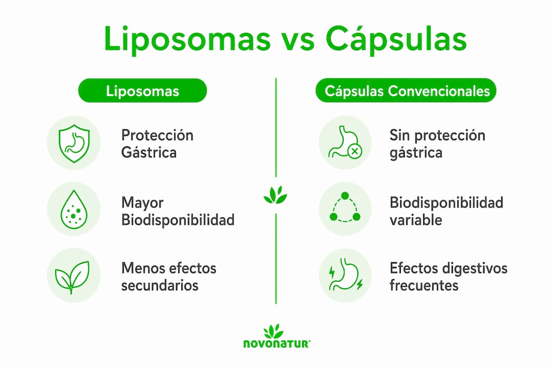 Infografía que compara liposomas y cápsulas tradicionales destacando sus principales ventajas