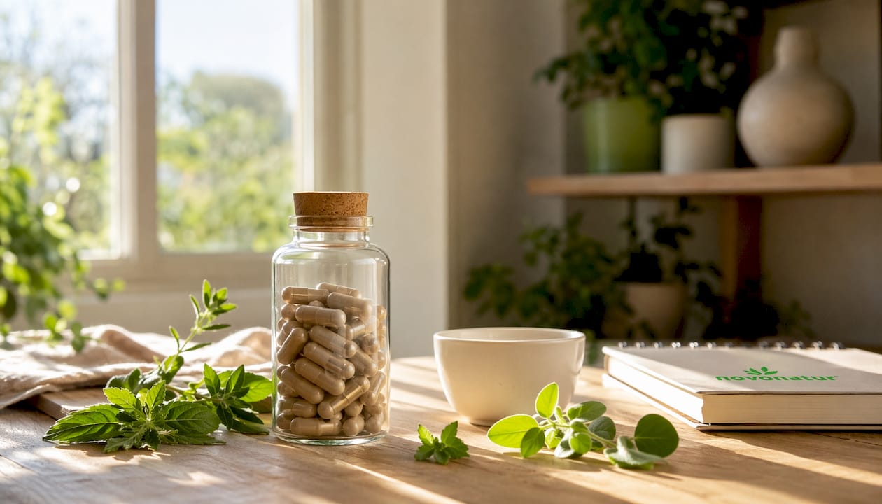 Bote de suplementos diuréticos naturales acompañado de plantas frescas