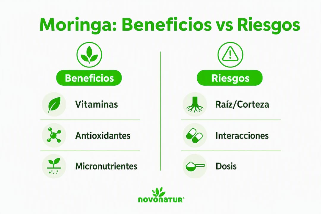 Infografía sobre los pros y contras de consumir moringa