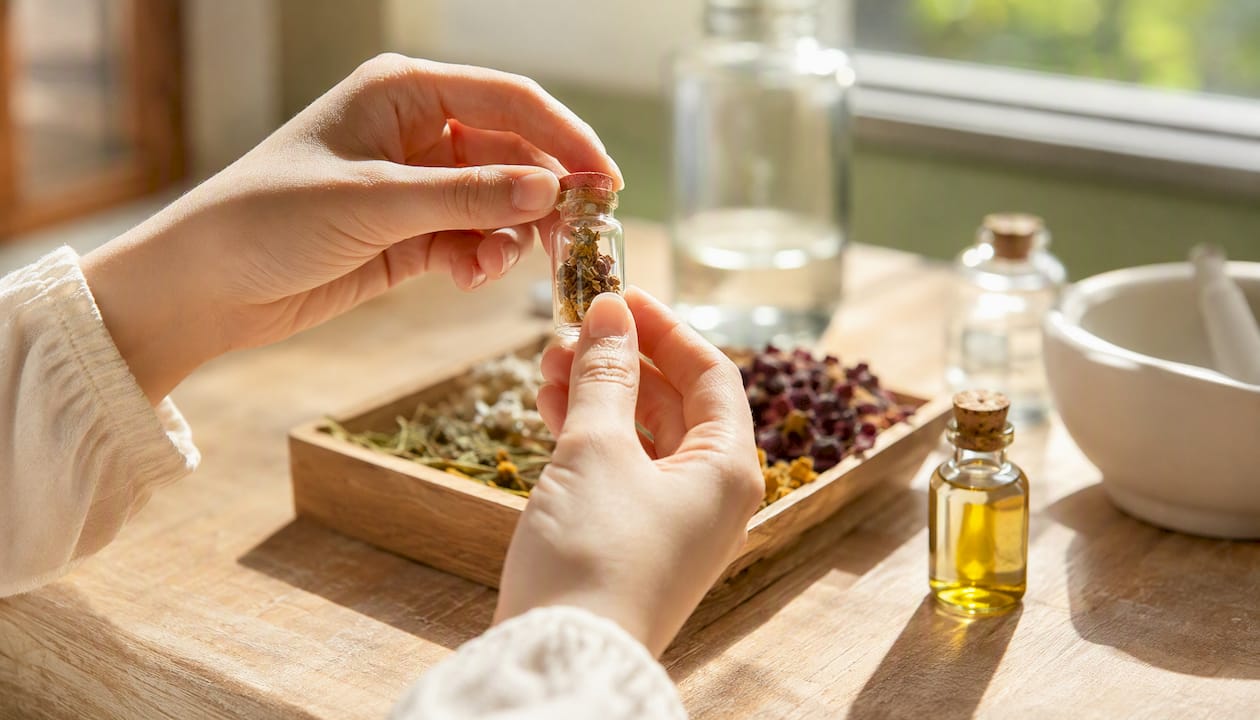 Manos analizando ingredientes naturales para productos de belleza