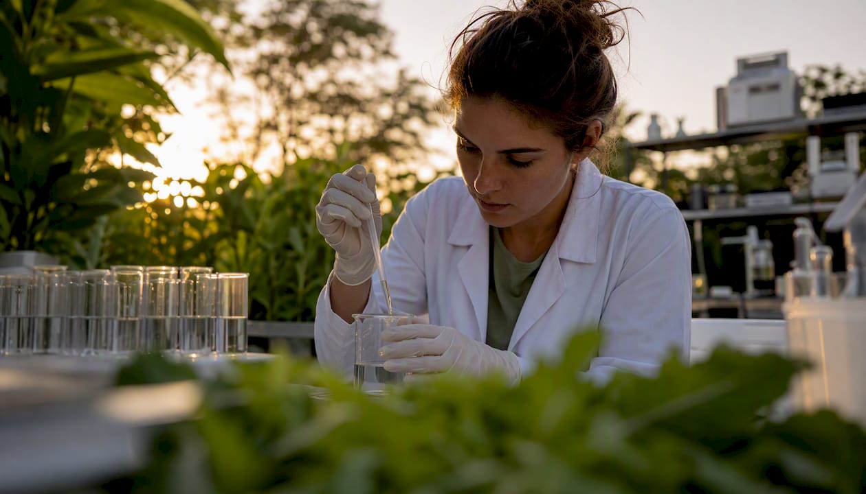 Técnicos manipulando una pipeta en un laboratorio especializado en cosmética.