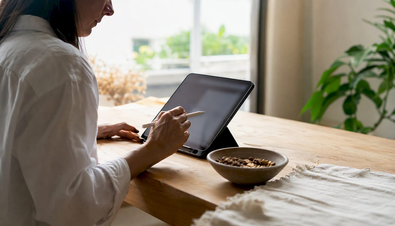 Manos navegando una carpeta digital desde una tablet